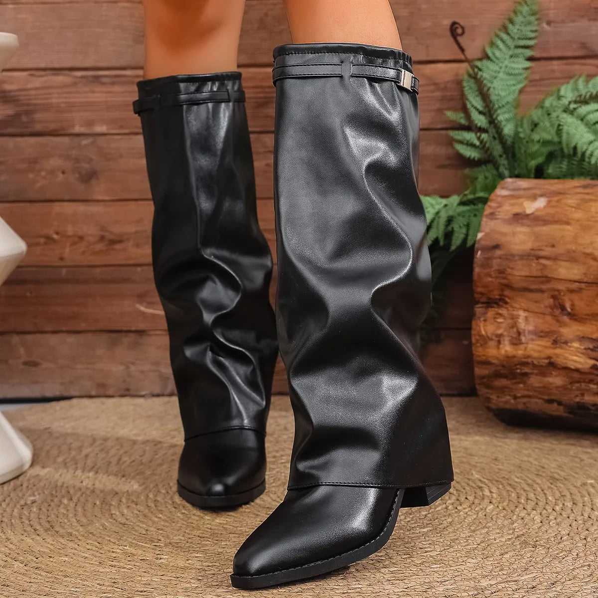 Women's Fashion Folding Knee-high Boots Winter Solid Color Non-slip Thick-soled Wide-leg PU Leather Fashion Boots Botas Mujer