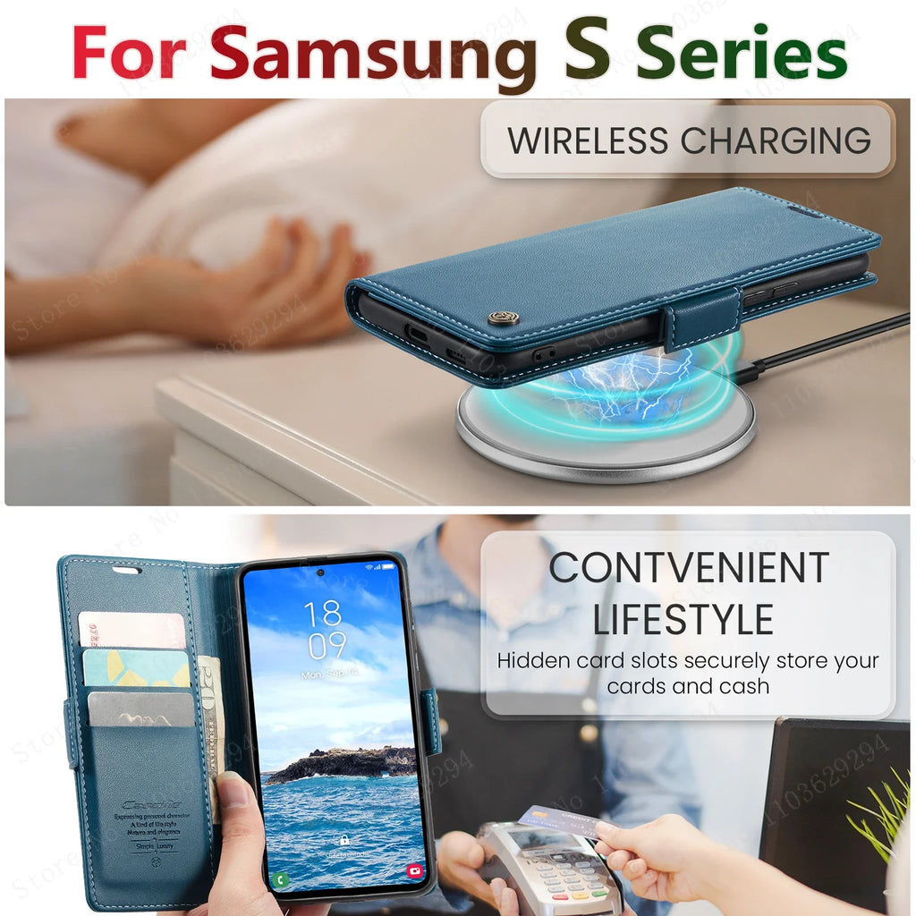Magnetic Charging Flip Wallet Cards Leather Case for Samsung Galaxy A06 A16 A55 A35 25 15 05S S25 S24 S23 22 Ultra Plus FE Cover