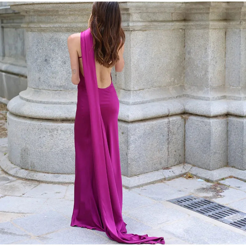 Elegant Ribbon Halter Dress Women Solid Off Shoulder Sleeveless Backless Slim Maxi Dresses 2025 Summer Autumn Party Robes Lady