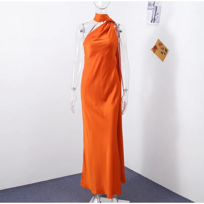Elegant Ribbon Halter Dress Women Solid Off Shoulder Sleeveless Backless Slim Maxi Dresses 2025 Summer Autumn Party Robes Lady