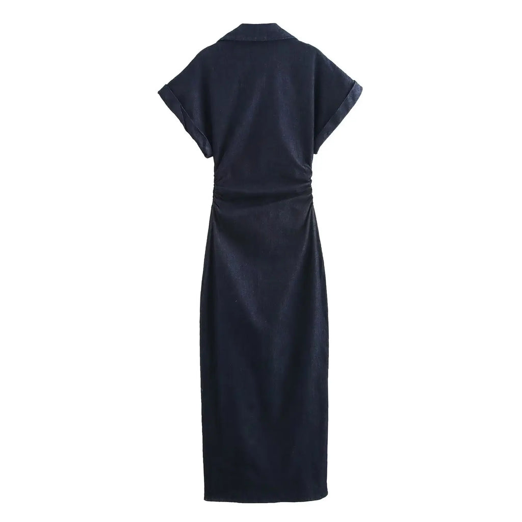 ETJ 2025  Spring New 1975 series denim MIDI dress with lapel side zipper fashion wrinkle waist slim elegant dress