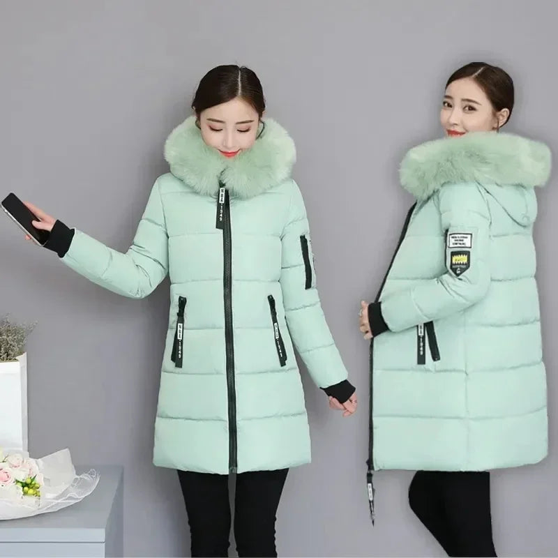 Down Cotton Jacket Women Autumn Winter New Korean Slim All-match Casual Padded Coat Female Large Size Long Hooded Parkas