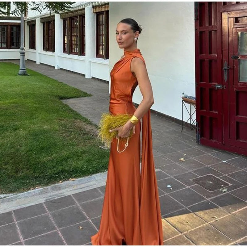 Elegant Ribbon Halter Dress Women Solid Off Shoulder Sleeveless Backless Slim Maxi Dresses 2025 Summer Autumn Party Robes Lady