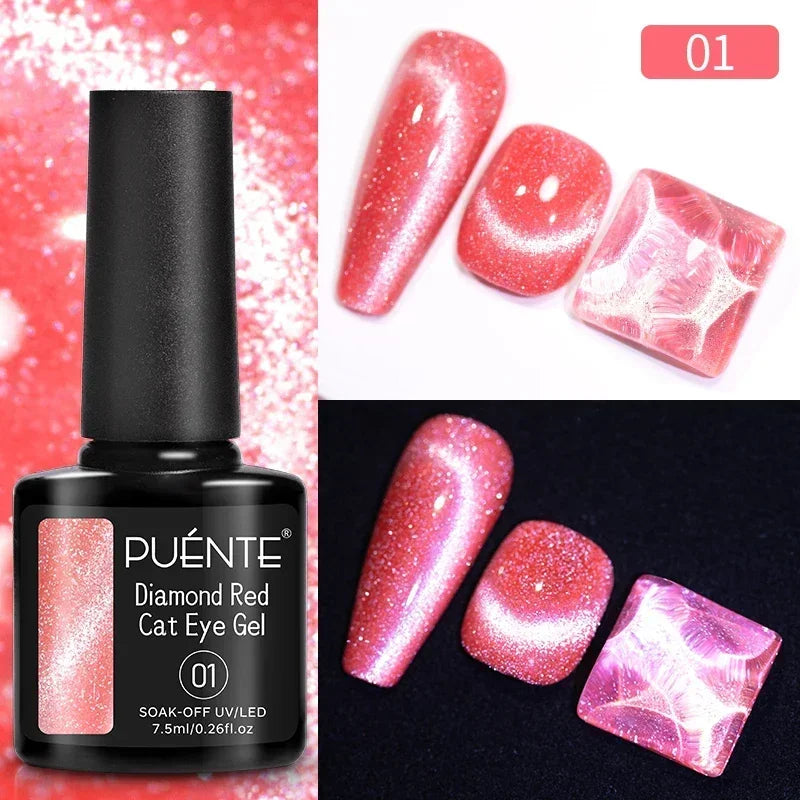 PUENTE 7.5ML Wine Red Cat Magnetic Gel Nail Polish Super Shiny Ruby Red Cat Eye Gel Soak Off UV Semi-Permanent Nail Art Varnish