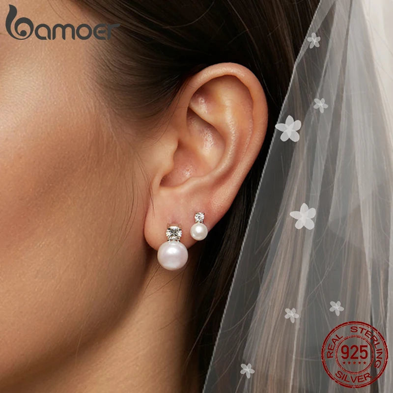 BAMOER Moissanite 925 Sterling Silver Freshwater Pearl Stud Earrings VVS1 Lab Created Diamond Wedding Earring Elegant Women Gift