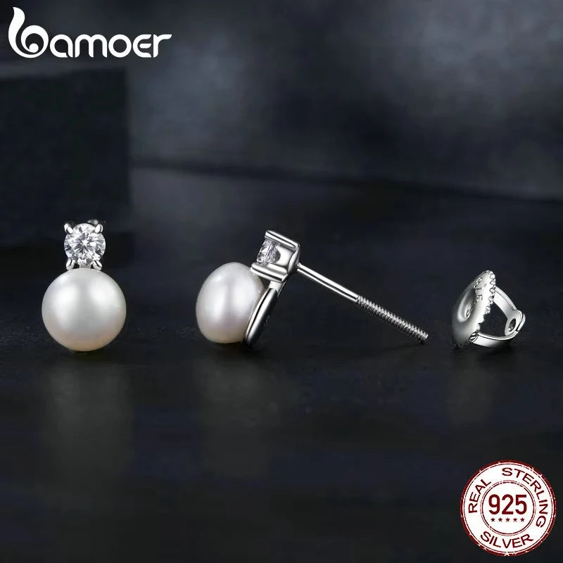 BAMOER Moissanite 925 Sterling Silver Freshwater Pearl Stud Earrings VVS1 Lab Created Diamond Wedding Earring Elegant Women Gift