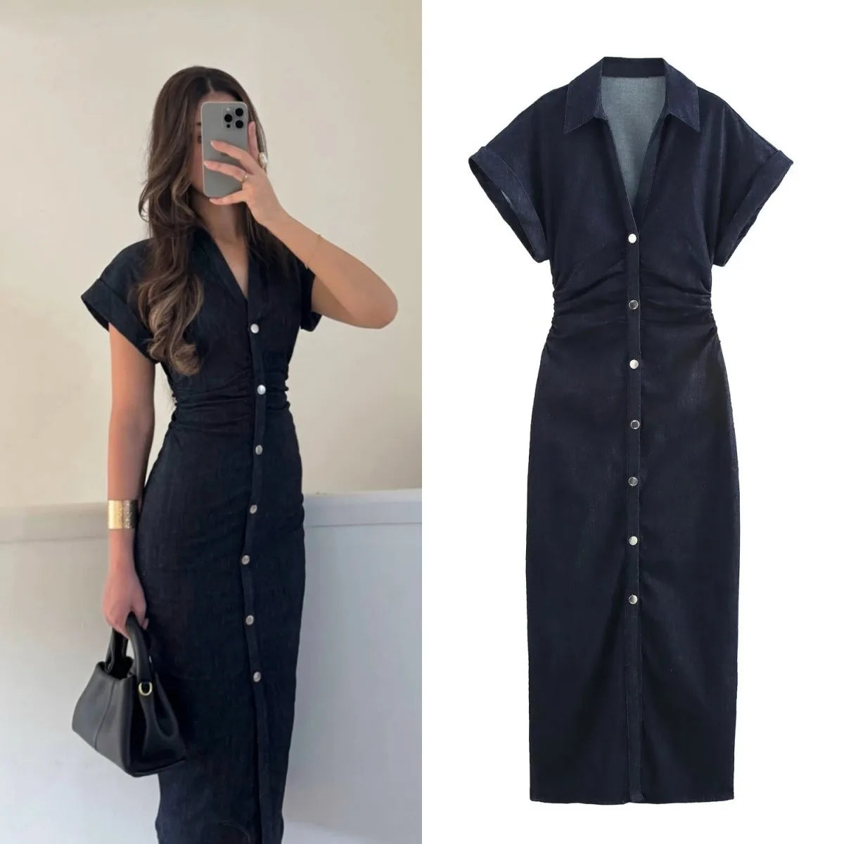 ETJ 2025  Spring New 1975 series denim MIDI dress with lapel side zipper fashion wrinkle waist slim elegant dress