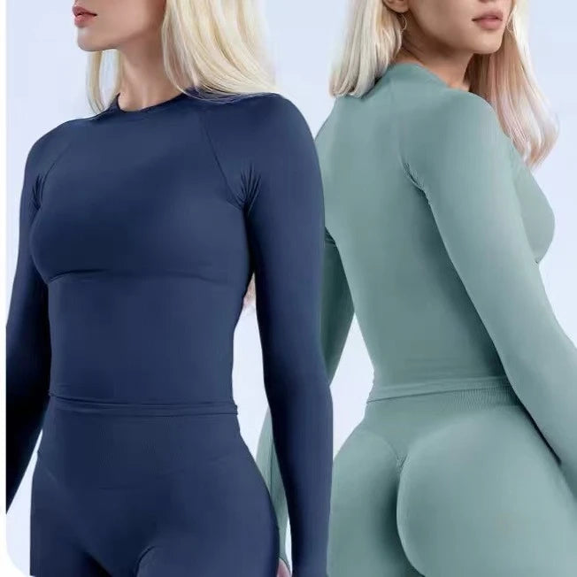 Autumn new seamless long sleeved yoga suit round neck sports top tight fit outdoor fitness suit set for women