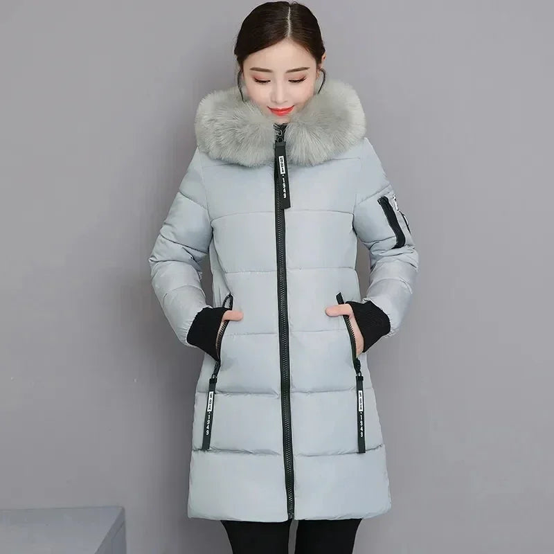 Down Cotton Jacket Women Autumn Winter New Korean Slim All-match Casual Padded Coat Female Large Size Long Hooded Parkas