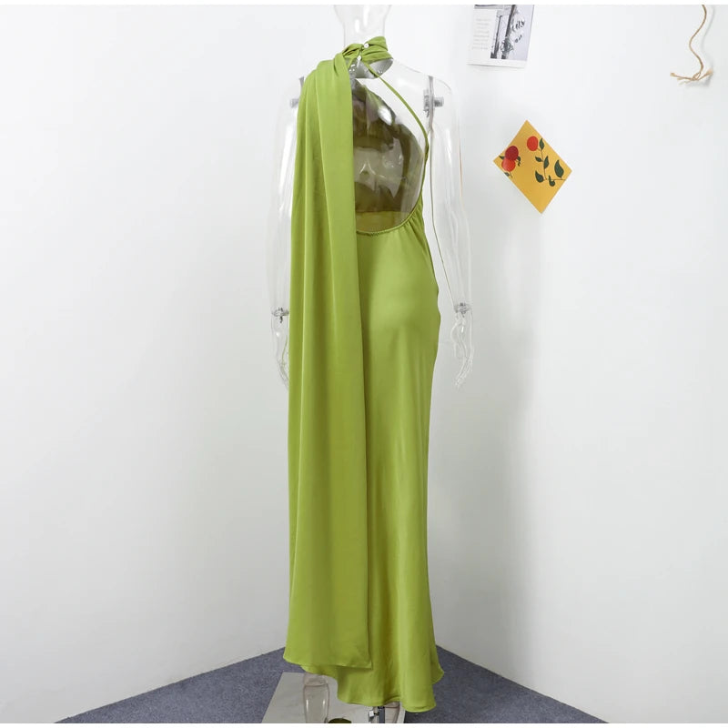 Elegant Ribbon Halter Dress Women Solid Off Shoulder Sleeveless Backless Slim Maxi Dresses 2025 Summer Autumn Party Robes Lady