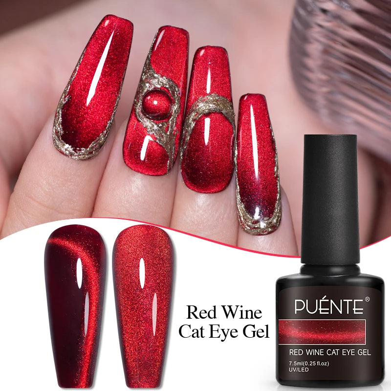 PUENTE 7.5ML Wine Red Cat Magnetic Gel Nail Polish Super Shiny Ruby Red Cat Eye Gel Soak Off UV Semi-Permanent Nail Art Varnish