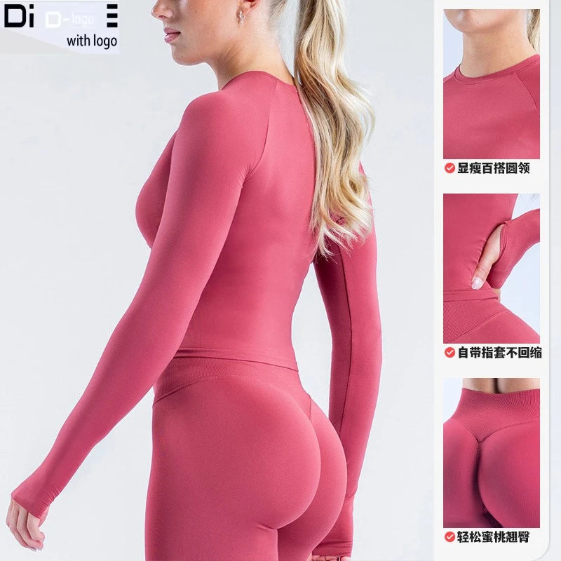 Autumn new seamless long sleeved yoga suit round neck sports top tight fit outdoor fitness suit set for women