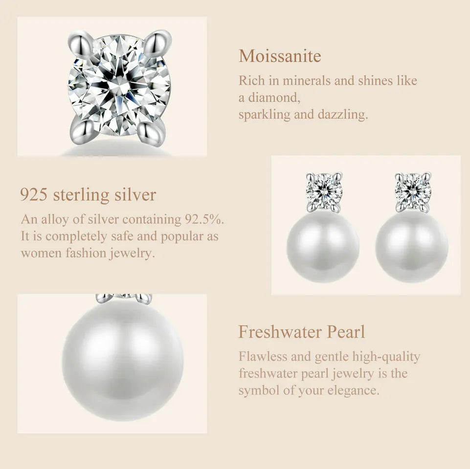 BAMOER Moissanite 925 Sterling Silver Freshwater Pearl Stud Earrings VVS1 Lab Created Diamond Wedding Earring Elegant Women Gift