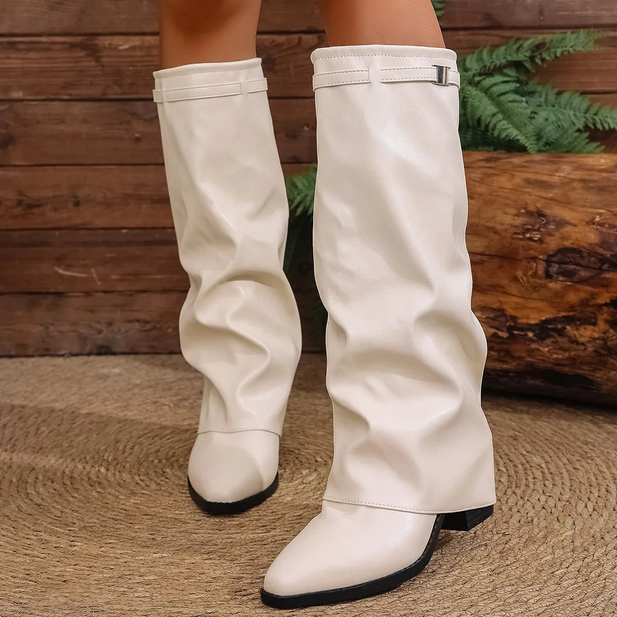 Women's Fashion Folding Knee-high Boots Winter Solid Color Non-slip Thick-soled Wide-leg PU Leather Fashion Boots Botas Mujer