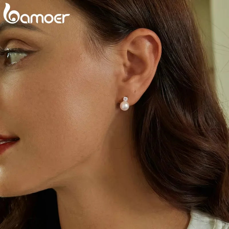BAMOER Moissanite 925 Sterling Silver Freshwater Pearl Stud Earrings VVS1 Lab Created Diamond Wedding Earring Elegant Women Gift