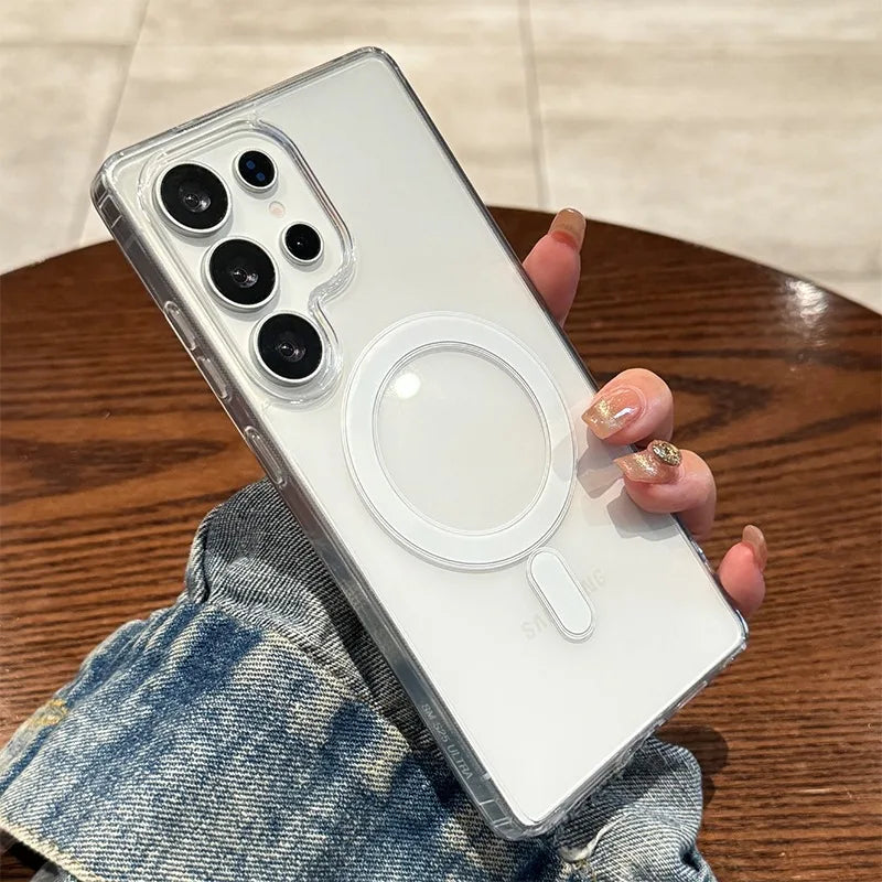 Magnetic Original Transparent Phone Case For Samsung Galaxy S25 S24 S23 S22 S21 Plus Ultra FE Edge Magsafe Clear Cover