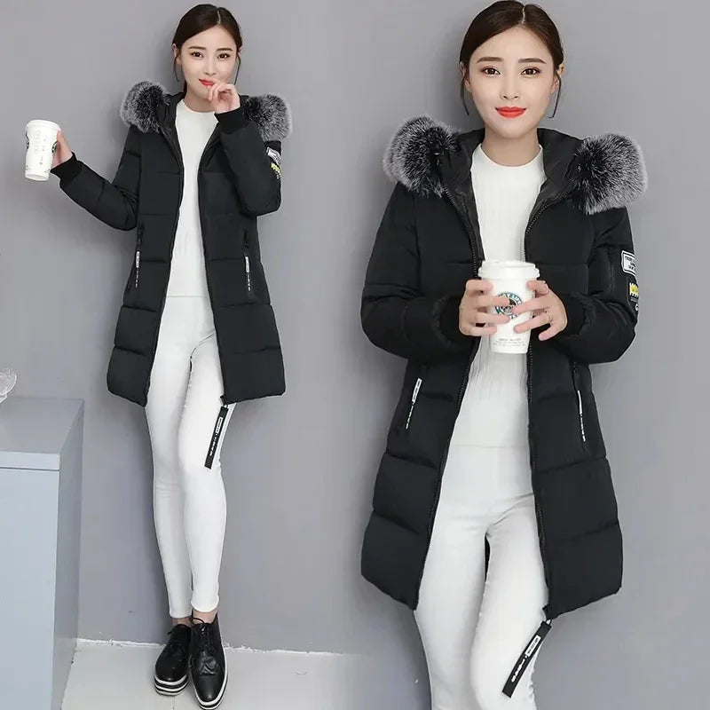 Down Cotton Jacket Women Autumn Winter New Korean Slim All-match Casual Padded Coat Female Large Size Long Hooded Parkas