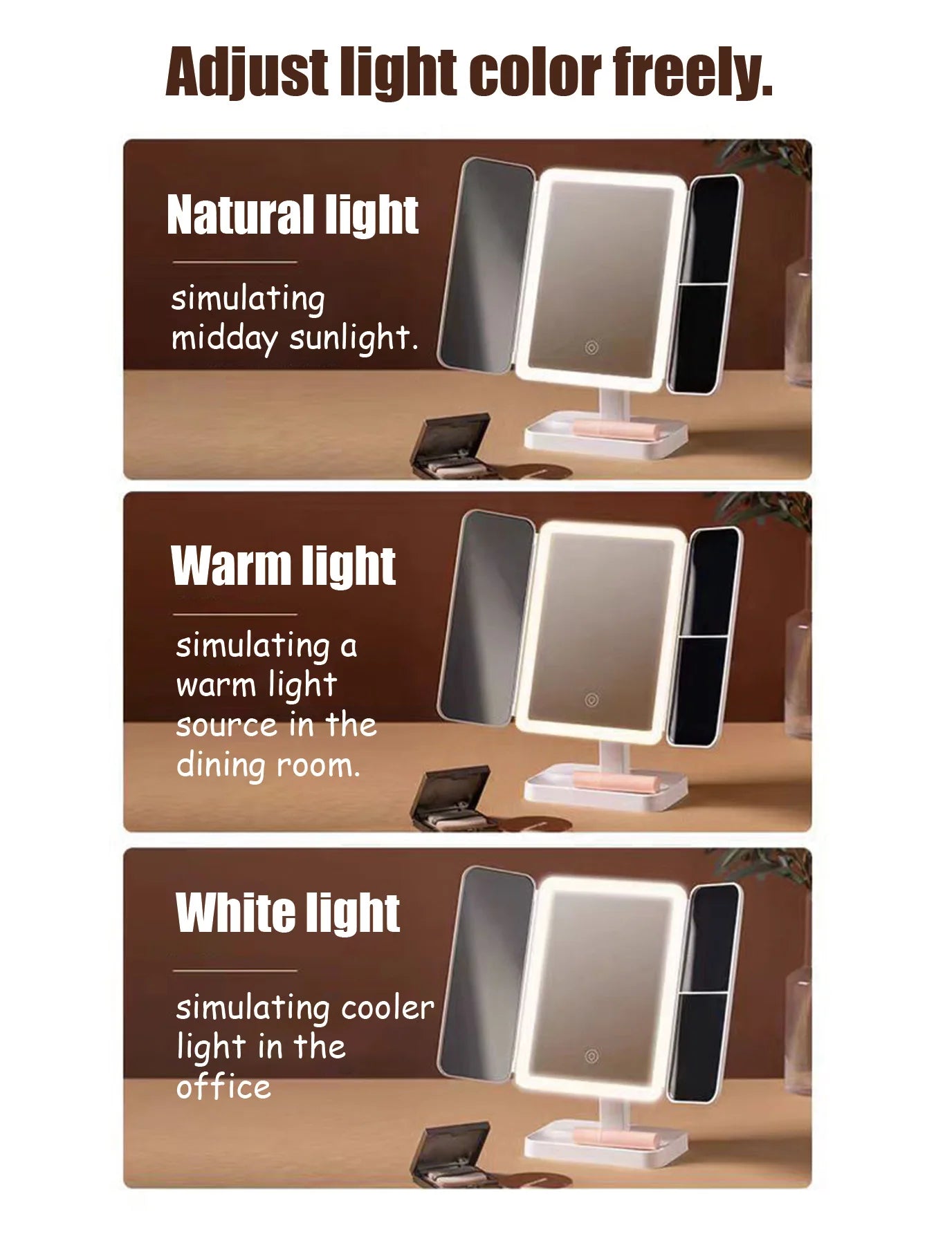 Foldable USB Rechargeable 3 colors Touch Screen Smart Mirror,Portable Tabletop Cosmetic Beauty Light,LED Travel Makeup Mirror