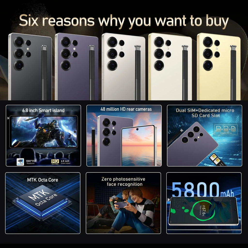 Global Vision S25 Ultra Smartphone 5G Android 12 8GB RAM 512GB ROM 6.8 Inch Phone 1920x1080HD 24+48MP 4 5G Network Mobile Phones