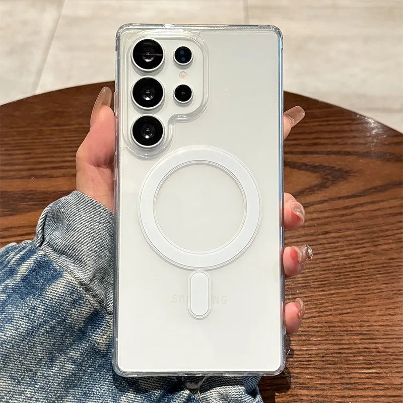 Magnetic Original Transparent Phone Case For Samsung Galaxy S25 S24 S23 S22 S21 Plus Ultra FE Edge Magsafe Clear Cover