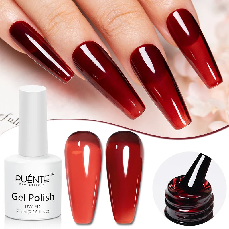 PUENTE 7.5ML Wine Red Cat Magnetic Gel Nail Polish Super Shiny Ruby Red Cat Eye Gel Soak Off UV Semi-Permanent Nail Art Varnish