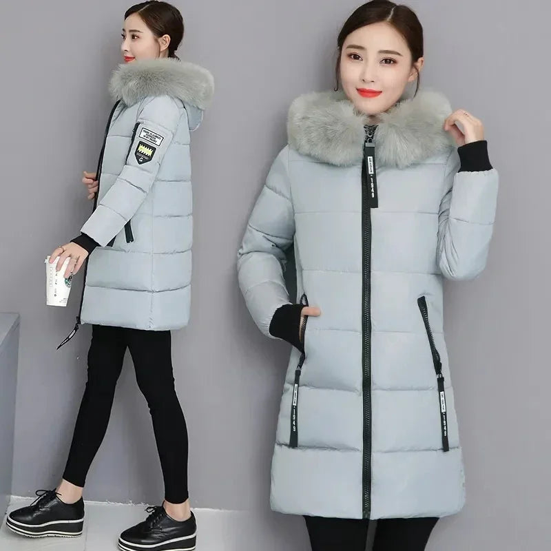 Down Cotton Jacket Women Autumn Winter New Korean Slim All-match Casual Padded Coat Female Large Size Long Hooded Parkas