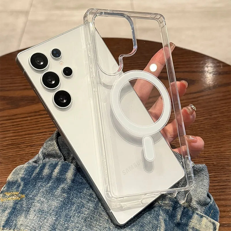 Magnetic Original Transparent Phone Case For Samsung Galaxy S25 S24 S23 S22 S21 Plus Ultra FE Edge Magsafe Clear Cover