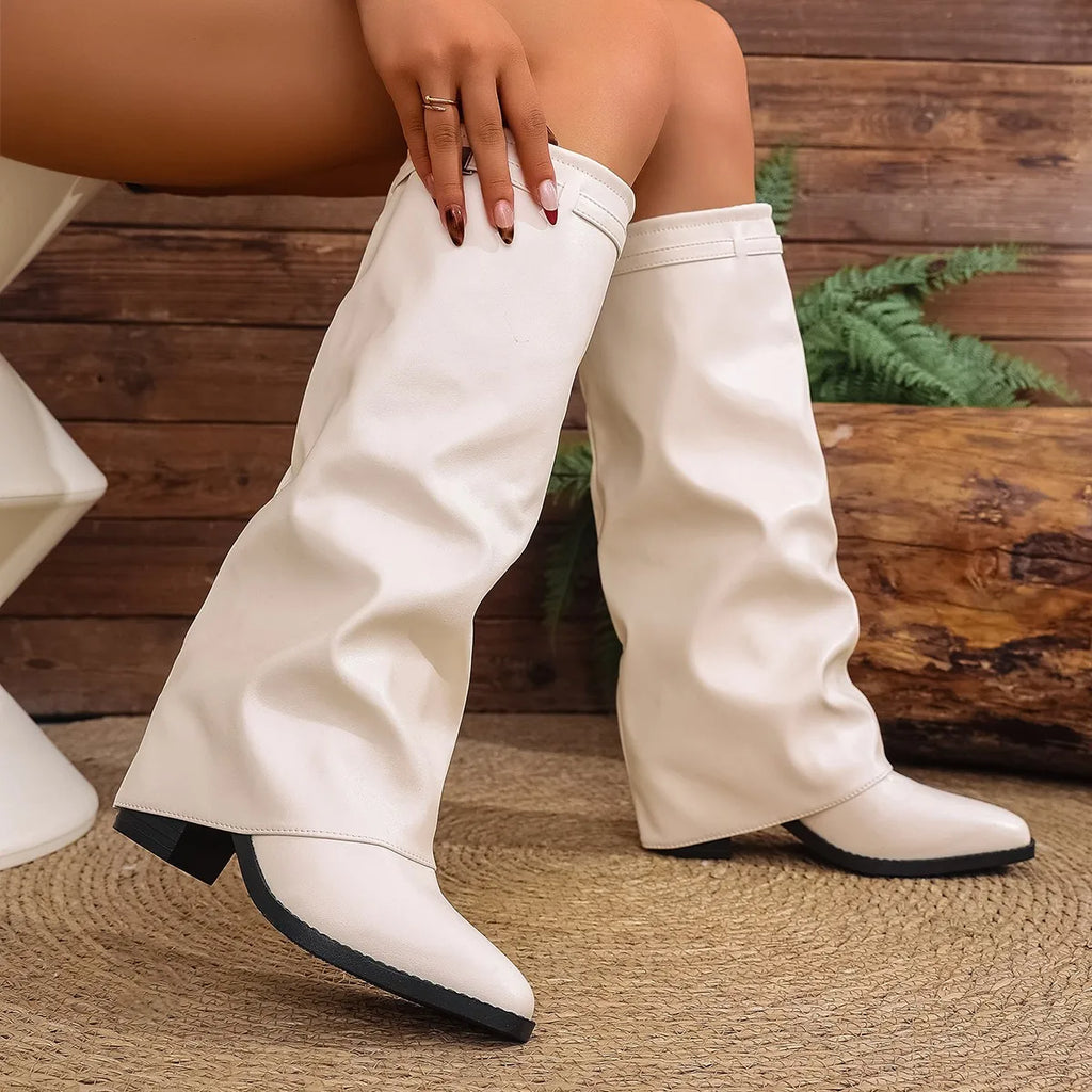 Women's Fashion Folding Knee-high Boots Winter Solid Color Non-slip Thick-soled Wide-leg PU Leather Fashion Boots Botas Mujer
