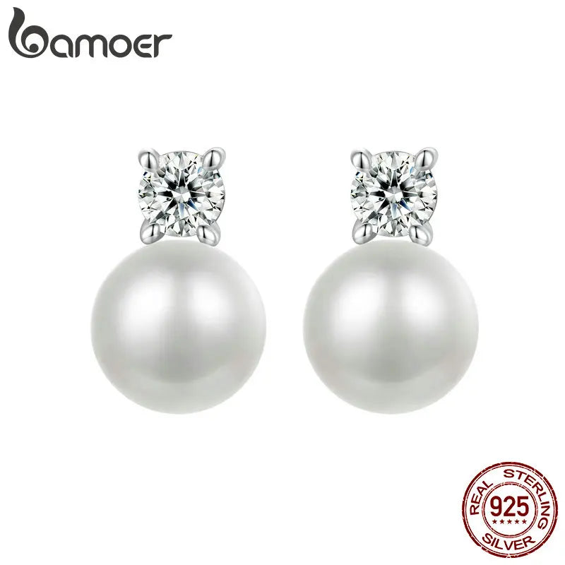 BAMOER Moissanite 925 Sterling Silver Freshwater Pearl Stud Earrings VVS1 Lab Created Diamond Wedding Earring Elegant Women Gift