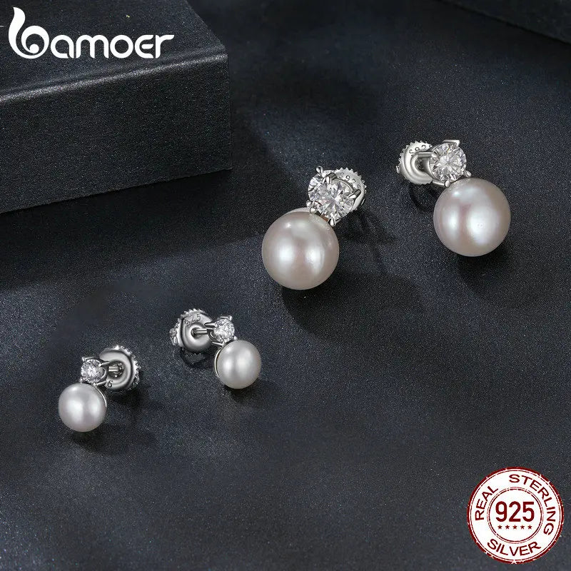 BAMOER Moissanite 925 Sterling Silver Freshwater Pearl Stud Earrings VVS1 Lab Created Diamond Wedding Earring Elegant Women Gift