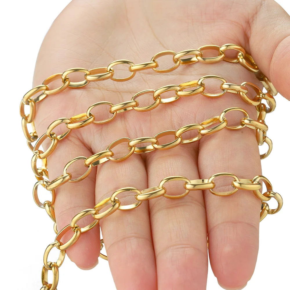 No Fade 1meter 7.5mm Stainless Steel Chain Gold Necklace Rolo Strong Link Chain for Bracelet Jewelry Making Accessories DIY