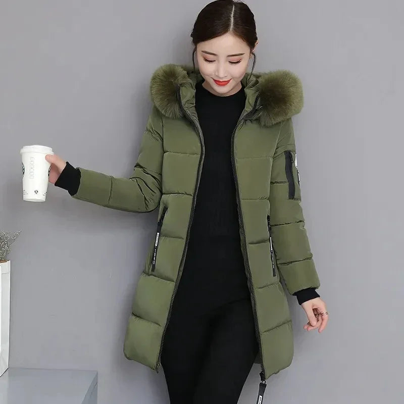 Down Cotton Jacket Women Autumn Winter New Korean Slim All-match Casual Padded Coat Female Large Size Long Hooded Parkas
